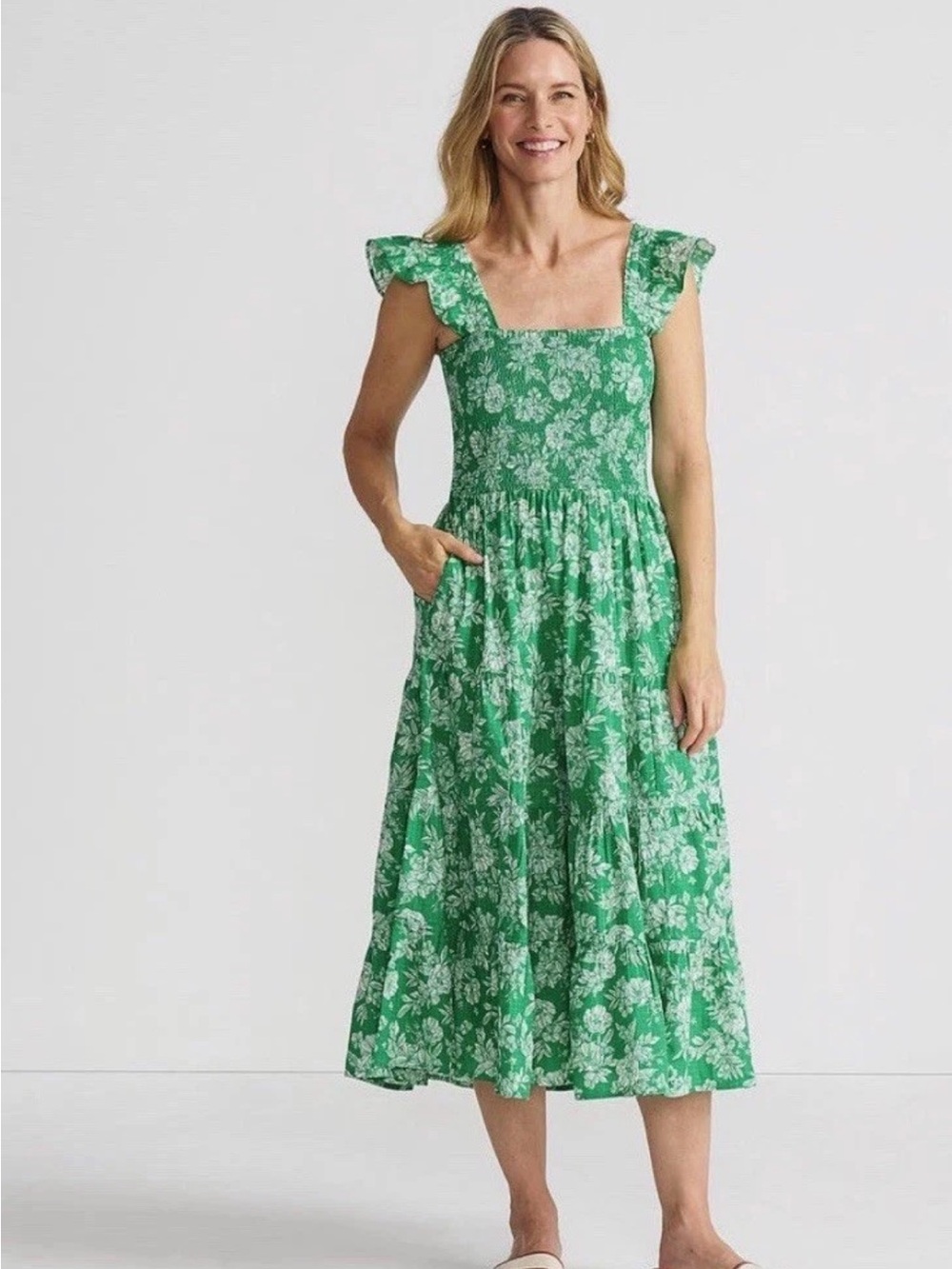 Lands End Green Floral Square-Neck Midi Dress